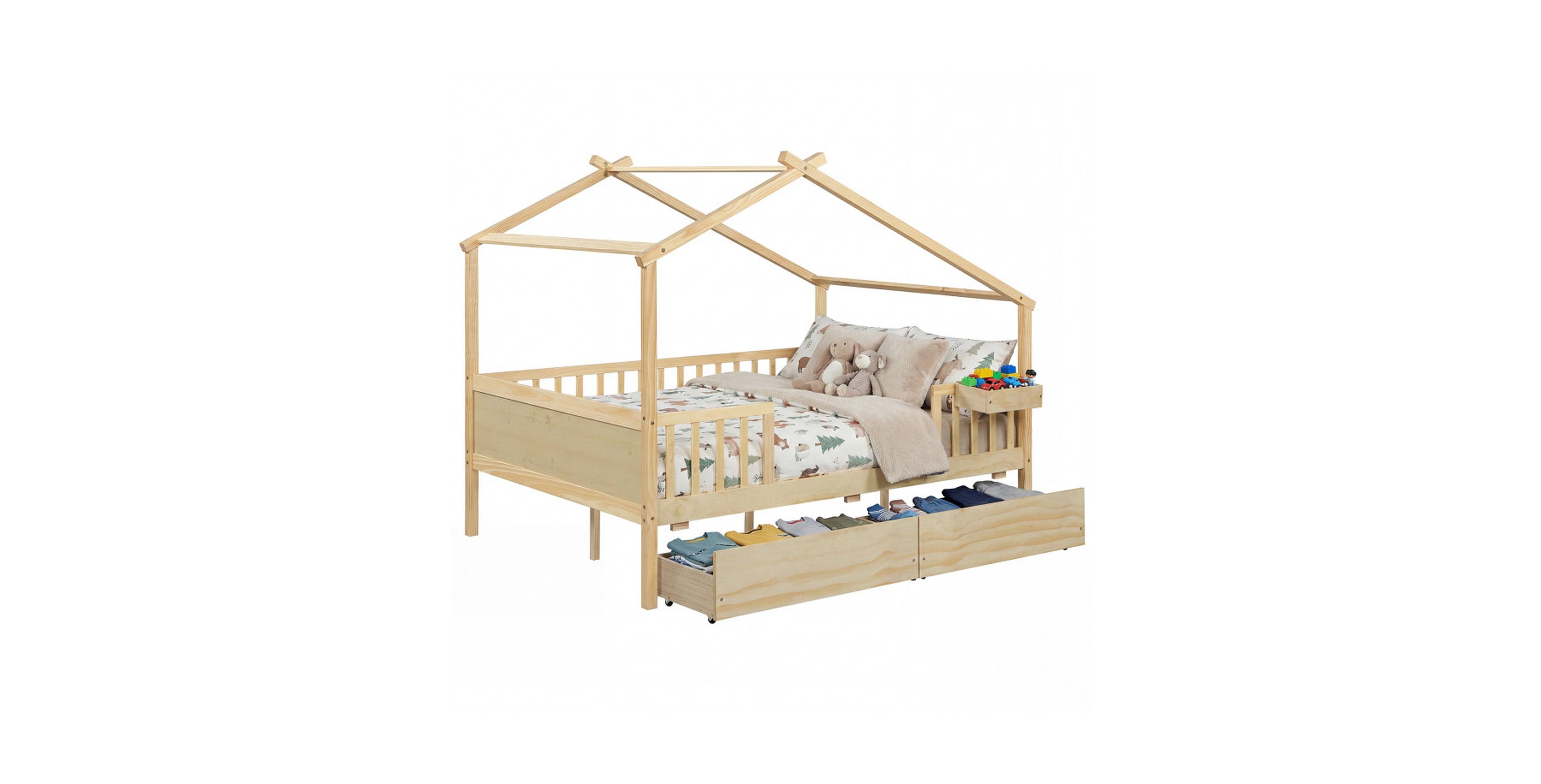 Gouun Full Size House Bed with Roof Fence Rails and 2 Rolling Storage Drawers