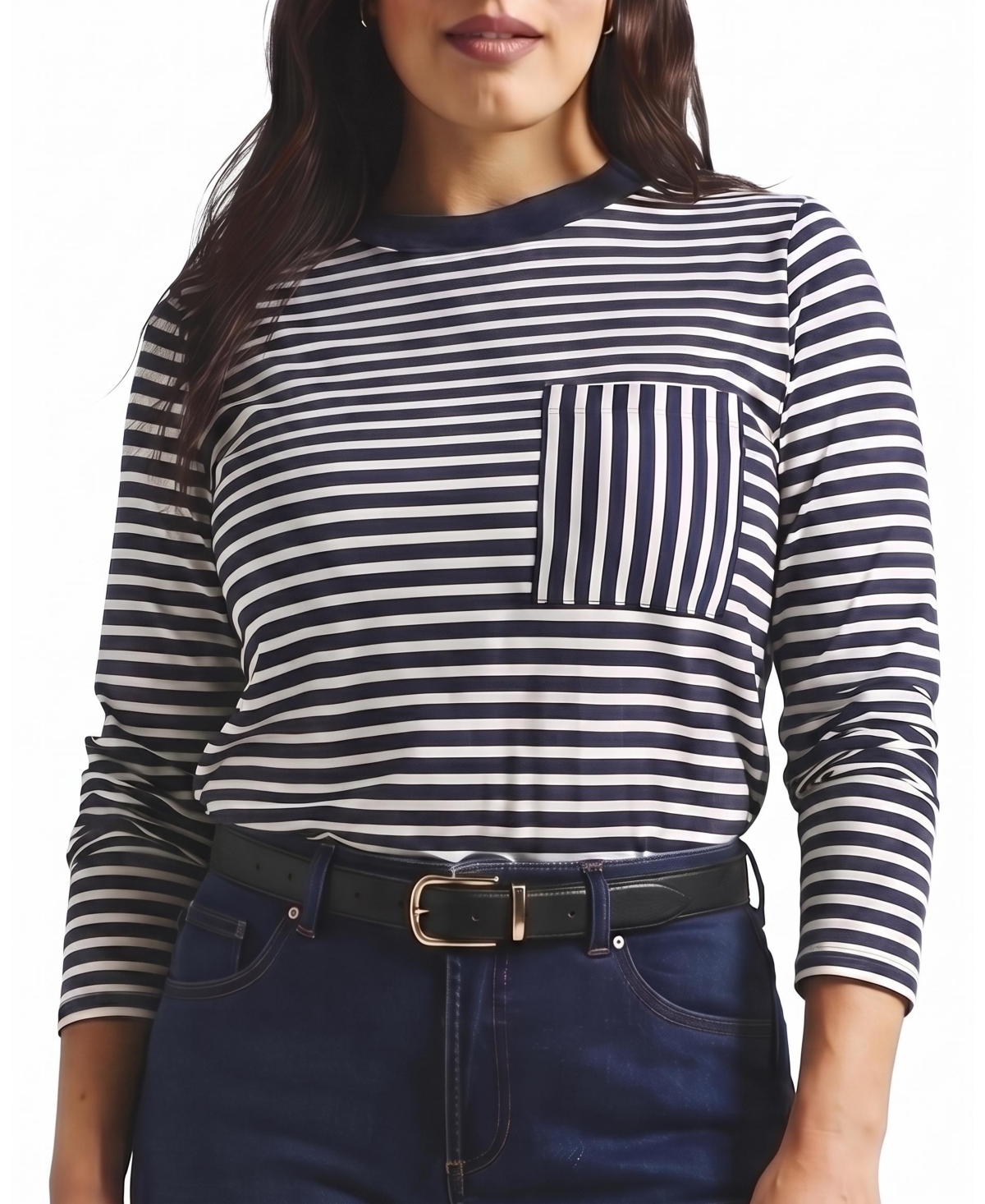 Universal Standard Plus Size Garcon Long-Sleeve Crewneck Chest Pocket T-Shirt - Navy/white stripe