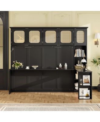  Full Murphy Bed with Desk and Rattan Cabinets
