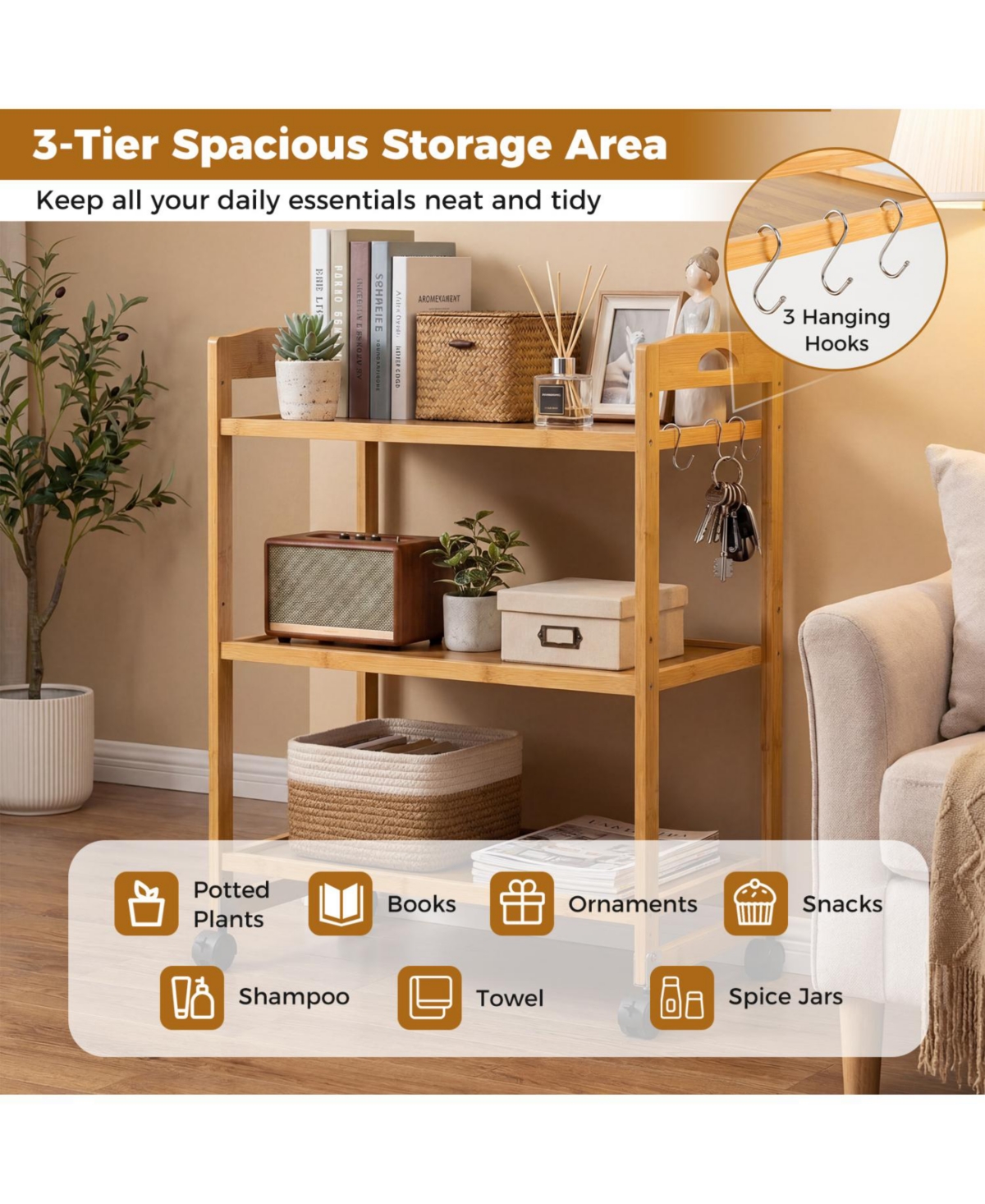 Mecale 3-Tier Bamboo Rolling Cart with Adjustable Shelves