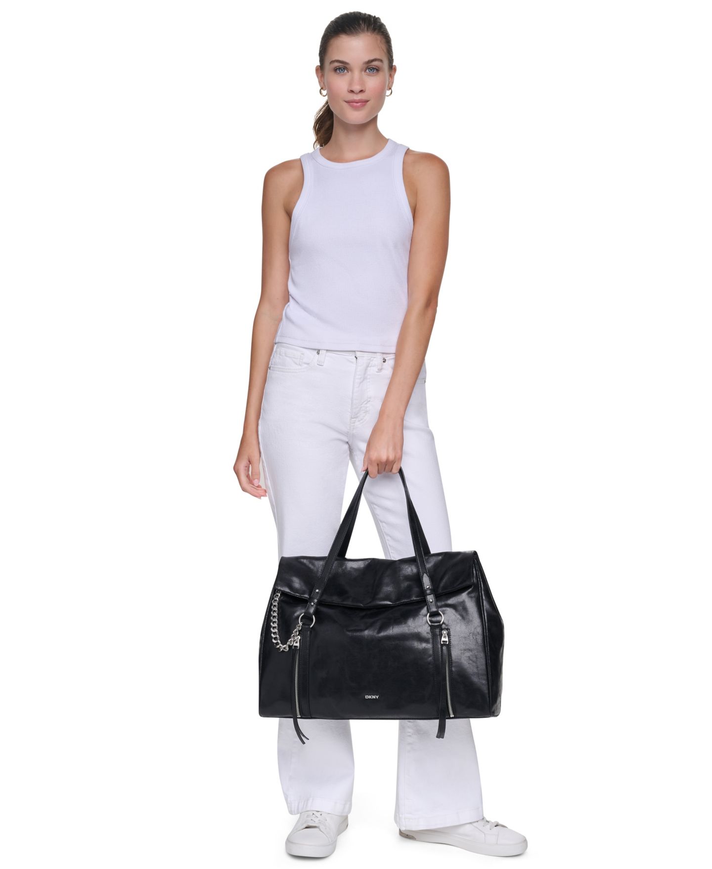 Женская сумка DKNY Skye Large Snap Closure Satchel Handbag, цвет: Чёрный / Серебряный — фото 2
