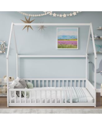  Full Size House Floor Bed with Roof and Guardrails