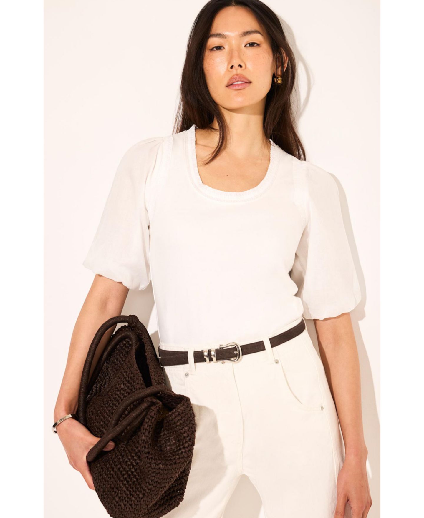 Женский топ Mint Velvet Puff-Sleeve Scoop-Neck with Trim Detailing, цвет: Слоновая кость — фото 6