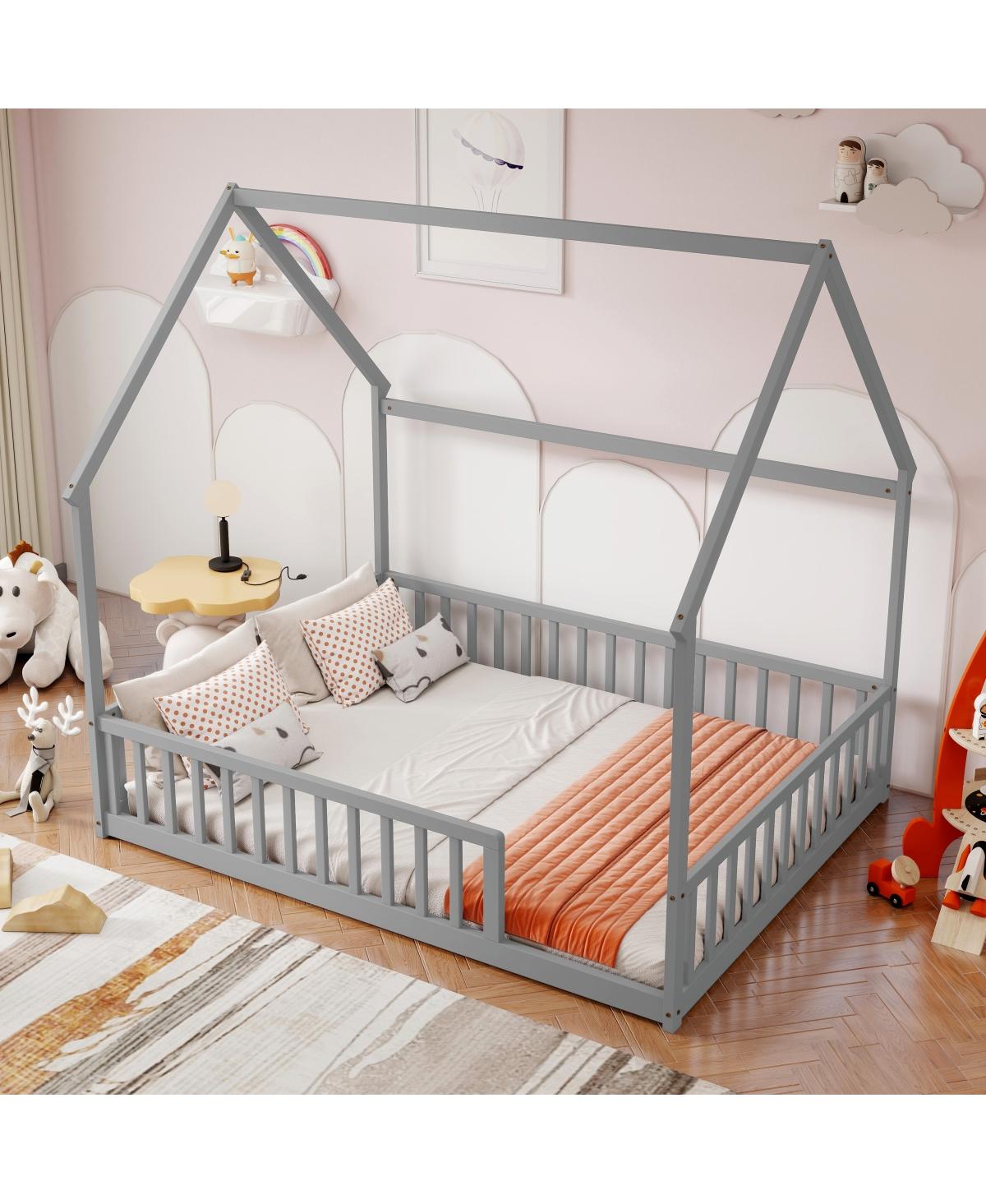 Streamdale Furniture Full Size House Floor Bed with Roof, Guardrails