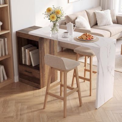 Faux Marble Bar Table, Extendable Pub Table, Modern, White