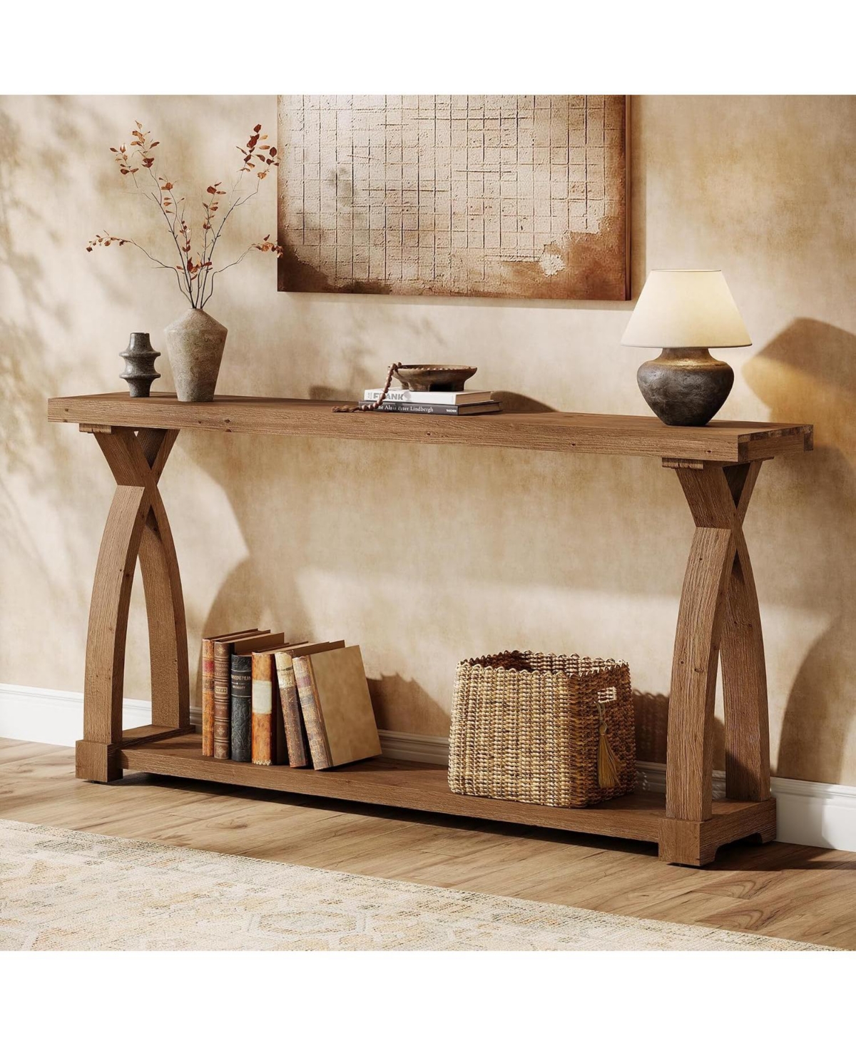 Tribesigns 63" Solid Wood Console Table with 2-Tier Storage - Dark Brown