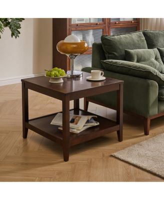 Solid Wood 2-Tier Square End Table with Storage Shelf