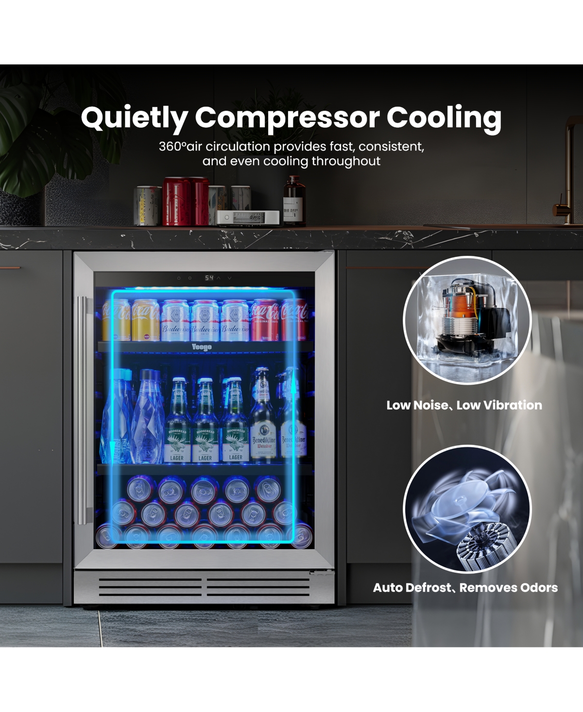 Yeego Beverage Refrigerator, 180 Cans Beverage Cooler, 24 inch , 34-54 , Built-in Beverage Fridge, Glass Door, for Home