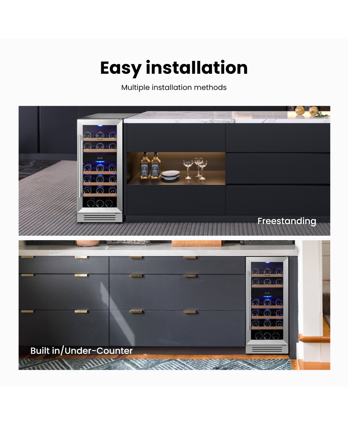 Yeego 15 Inch Dual Zone Black Wine Cooler 28 Bottles Capacity For Wine,40degree(s)F-65degree(s)F Fridge Freestanding/Built-in Home/Kitchen