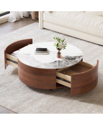  Modern Round Movable Coffee Table with Casters, Walnut, 29.5
