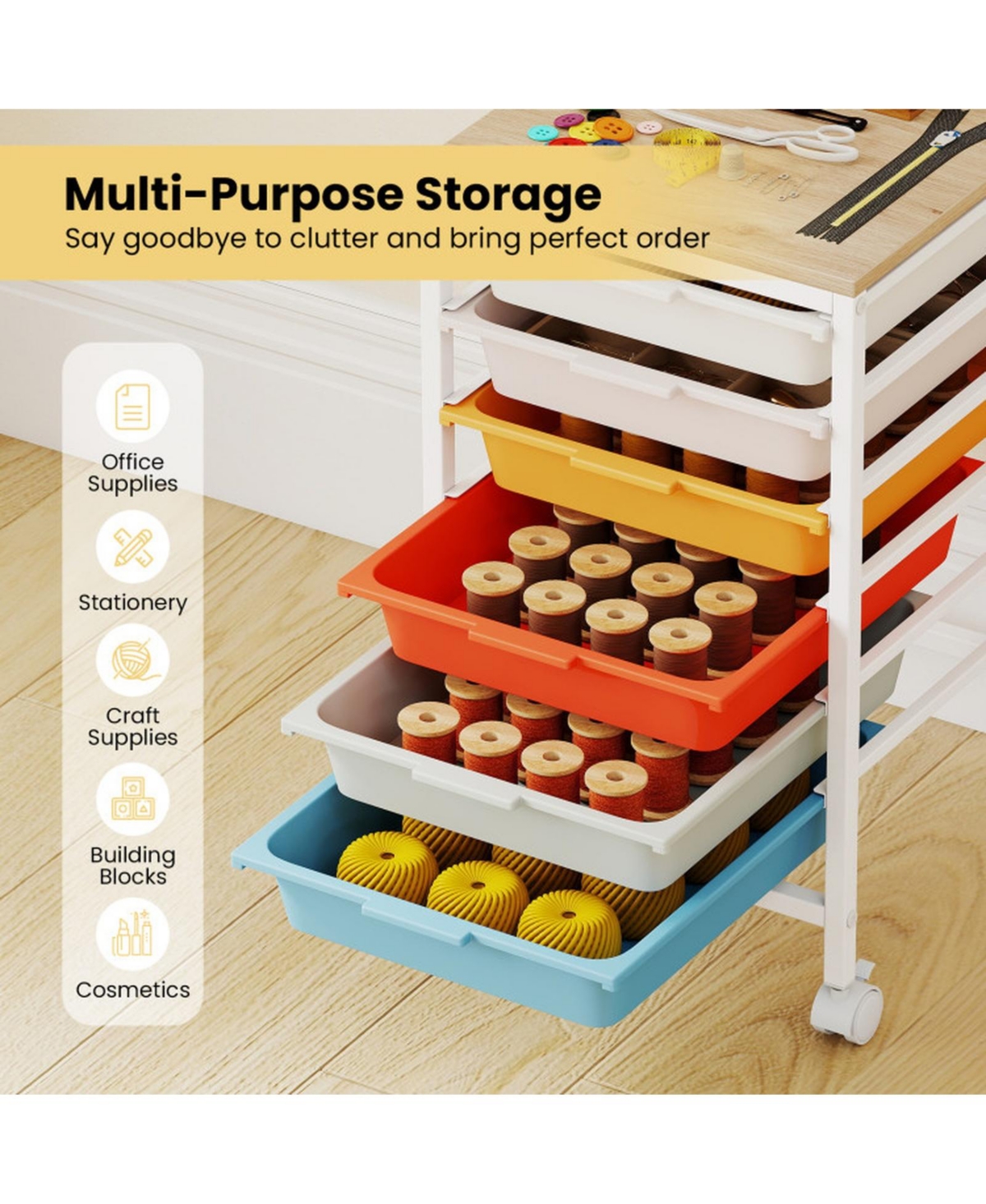 Sugift 6-Drawer Rolling Storage Cart with Wooden Tabletop and Lockable Swivel Casters