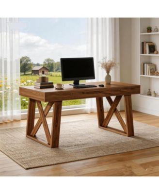 55 Inches Walnut Computer Desk with Drawer, Mid-Century Farmhouse Executive Desk, Rustic Wide Desktop Home Office Desk for Workstation