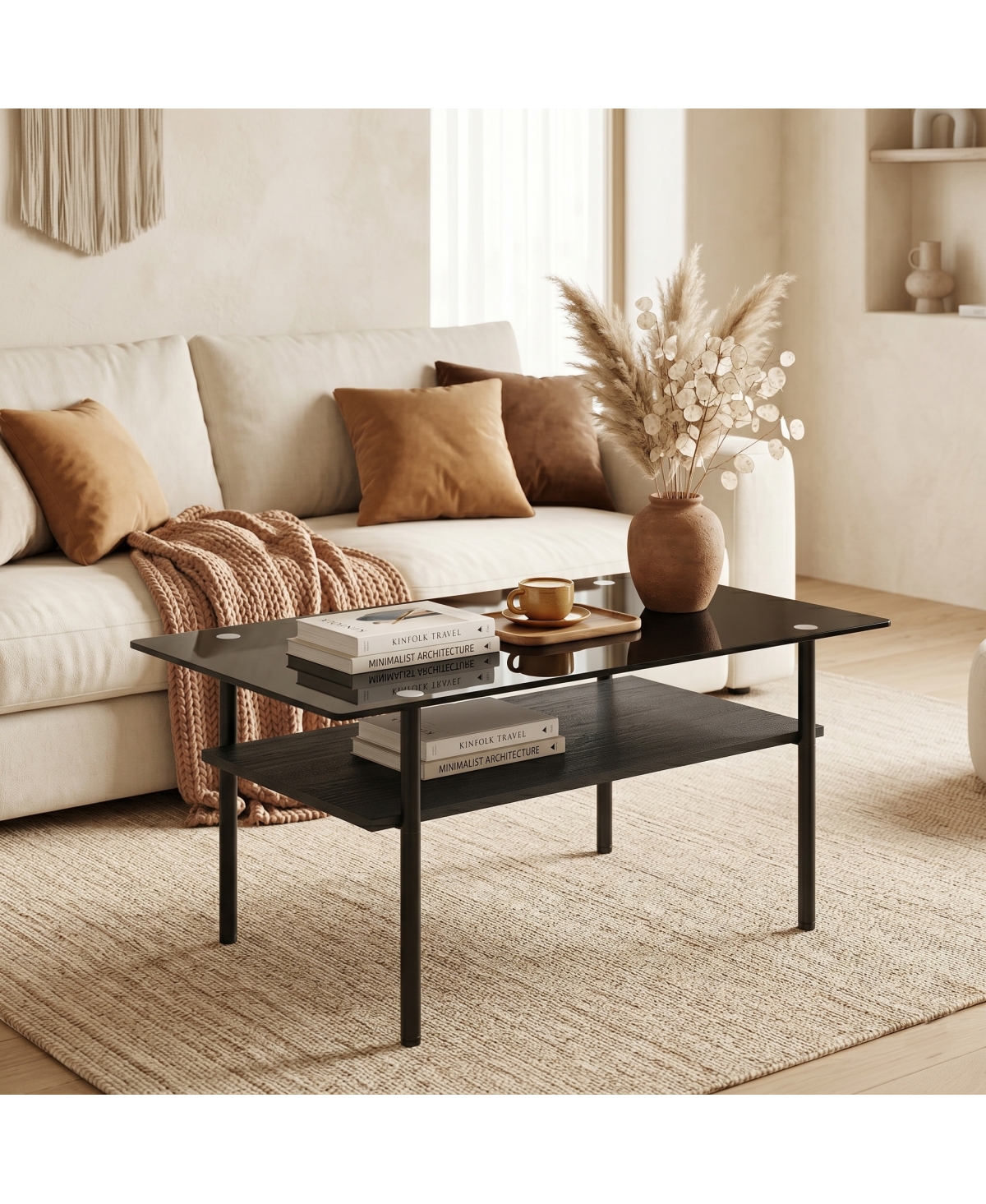 Streamdale Furniture Modern Glass Coffee Table with Wood Shelf, Metal Legs, 38.6