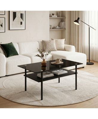 Modern Glass Coffee Table with Wood Shelf,  Metal Legs, 38.6