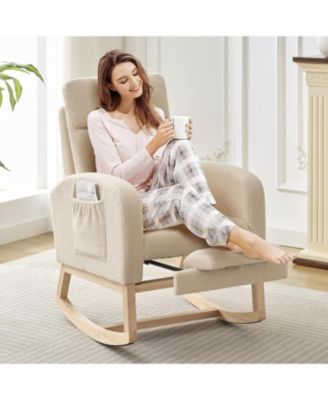 Modern Teddy Upholstered Nursery Rocking Chair with Footrest, Comfortable Recliner Rocker with Side Pocket