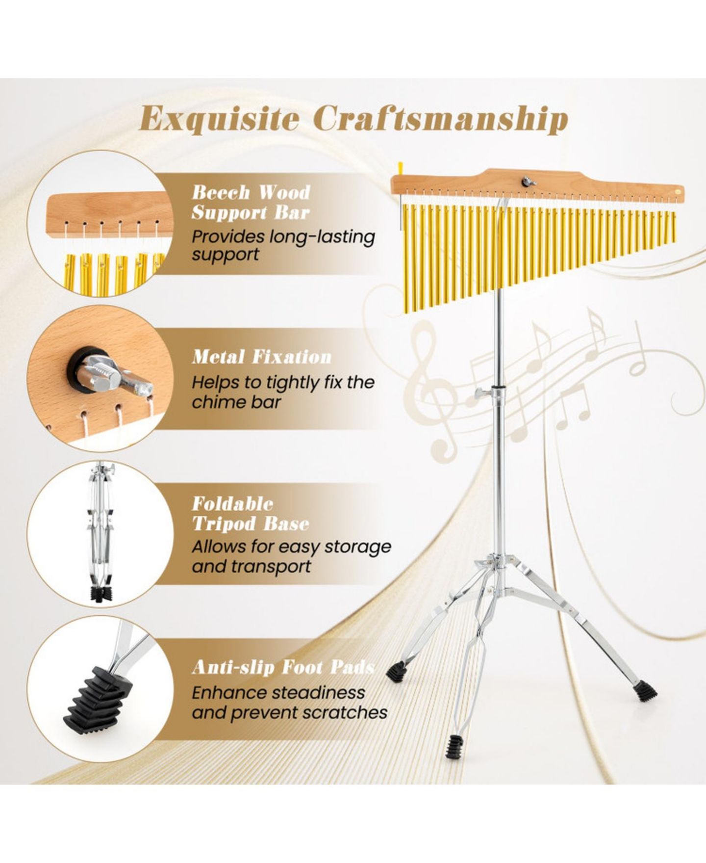 Детские игрушки SUGIFT 36-Bar Single-Row Height-Adjustable Orchestra Chimes with Folding Tripod, Ages 8+, цвет: Золотой — фото 4
