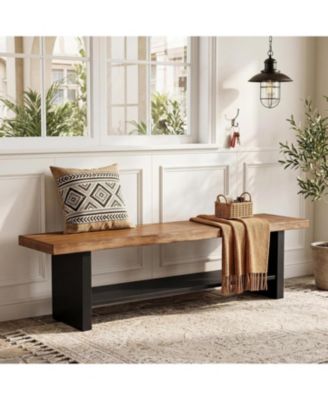 55" Solid Wood Bench, 2-Tier Farmhouse Entryway Bench