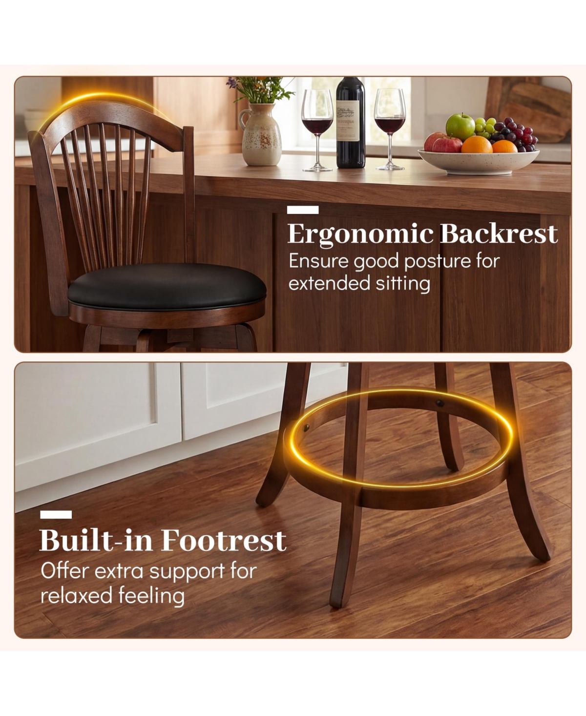 Set of 2 Swivel Bar Stools with Back Support