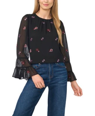 Women's Beaded Long-Sleeve Double Ruffle Cuff with Shirred Neck Blouse