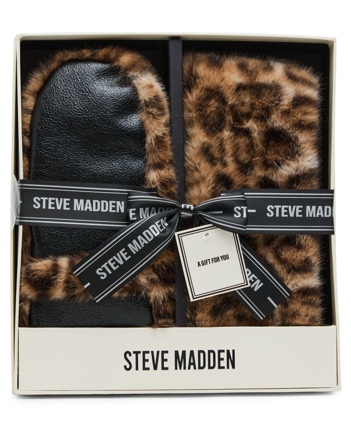 Женские комплекты Steve Madden Animal Fur Headband and Mittens Set, цвет: Чёрный леопардовый — фото 1