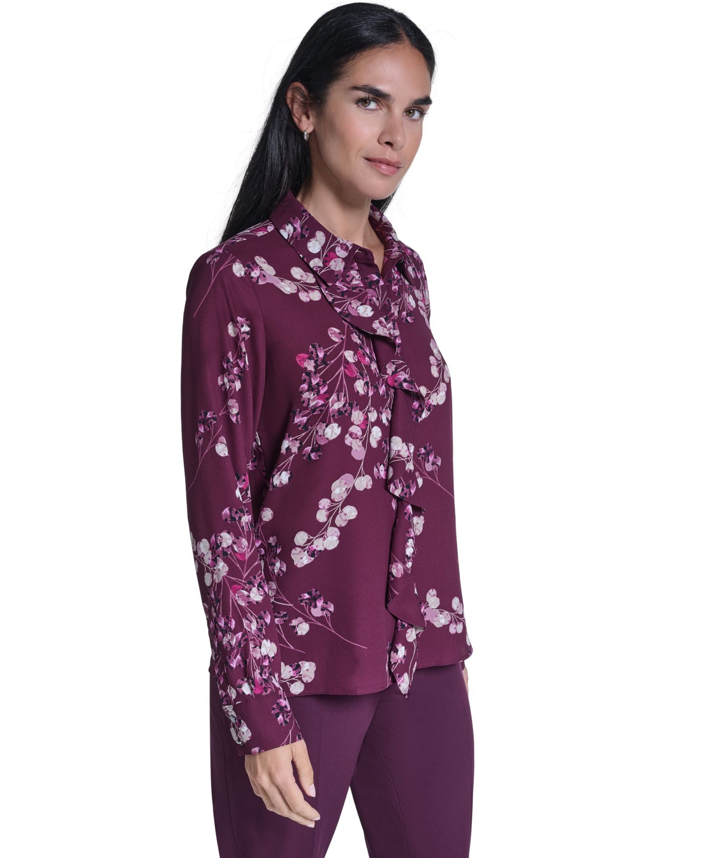 Женская блузка Calvin Klein Floral-Print Ruffled-Front Long-Sleeve Blouse, цвет: Разноцветный — фото 3