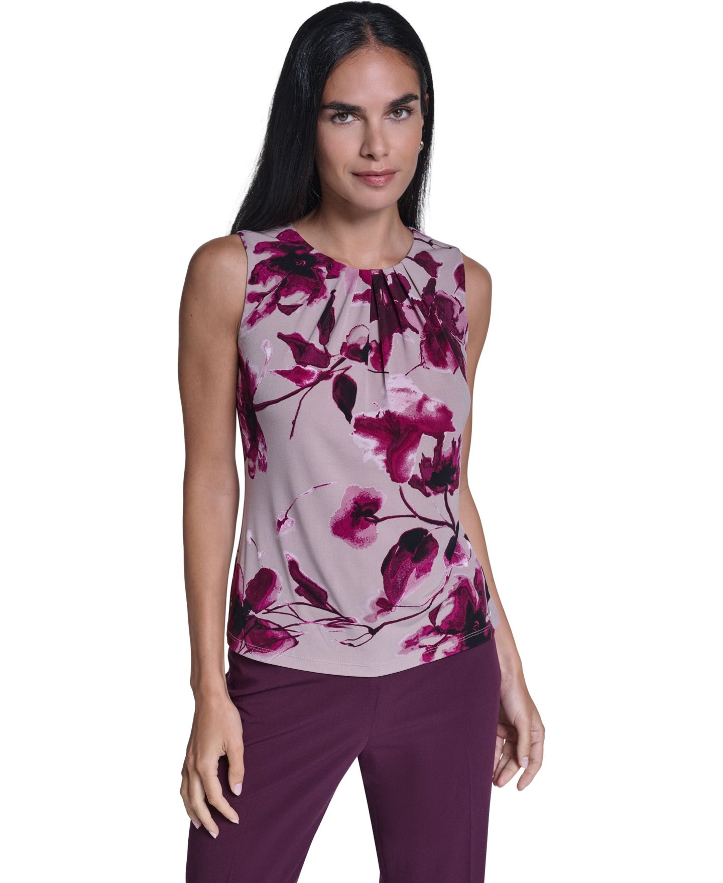 Женская блузка Calvin Klein Floral-Print Sleeveless Blouse, цвет: Устричный разноцветный — фото 1