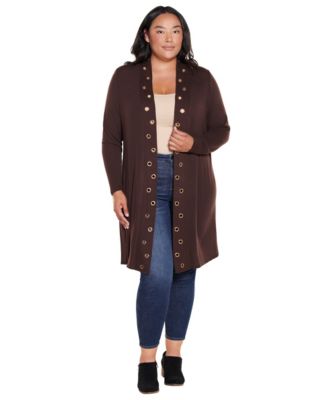 Plus Long Sleeve Grommet-Trim Cardigan Top