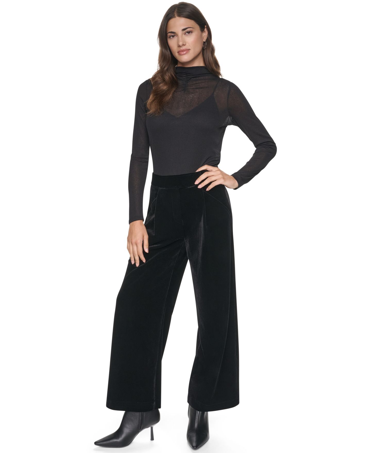 Женские брюки DKNY Petite Velvet Wide-Leg Trousers, цвет: Чёрный — фото 2
