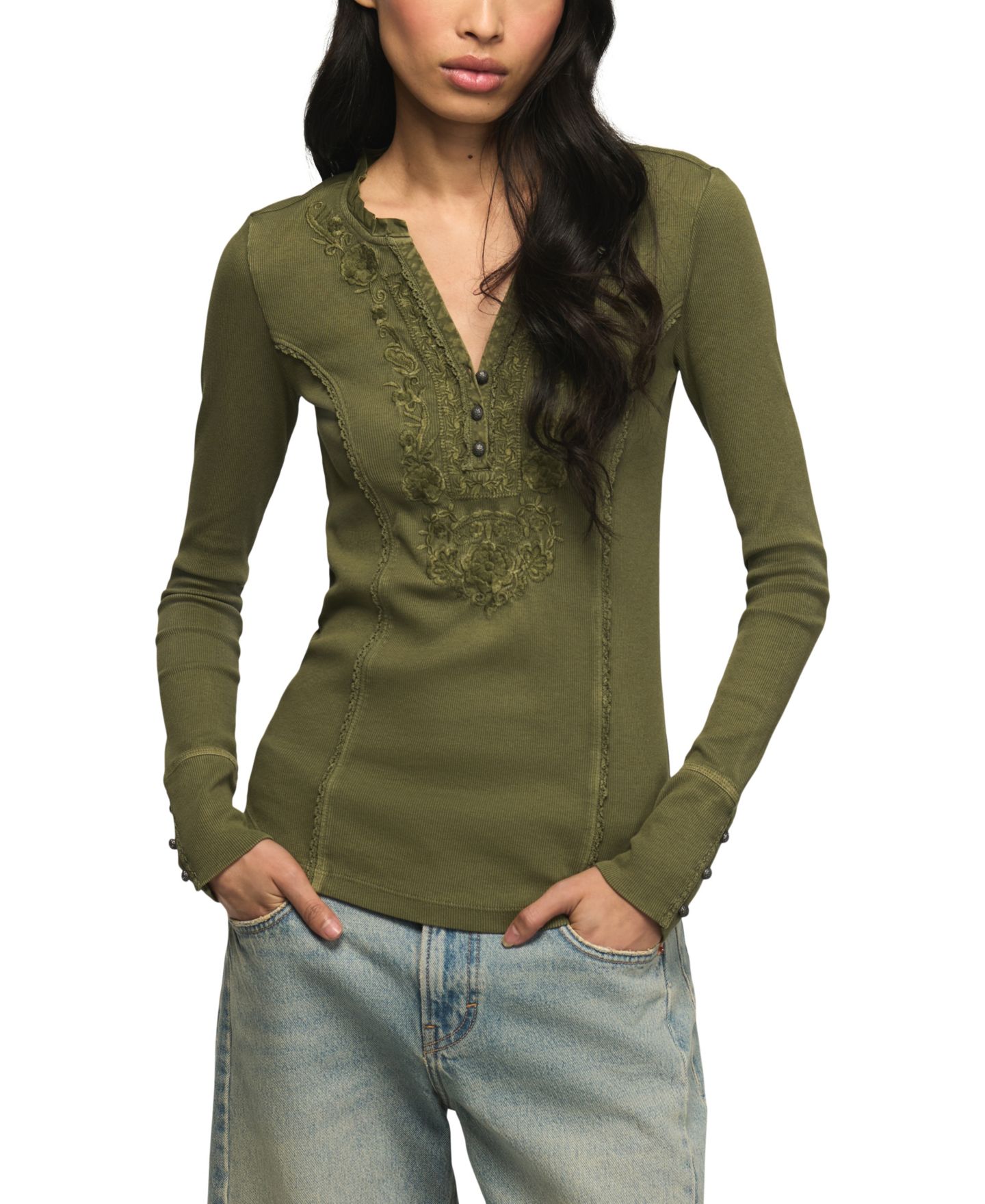 Женский топ Lucky Brand Embroidered V-Neck Long-Sleeve Henley, цвет: Пыльный оливковый — фото 2