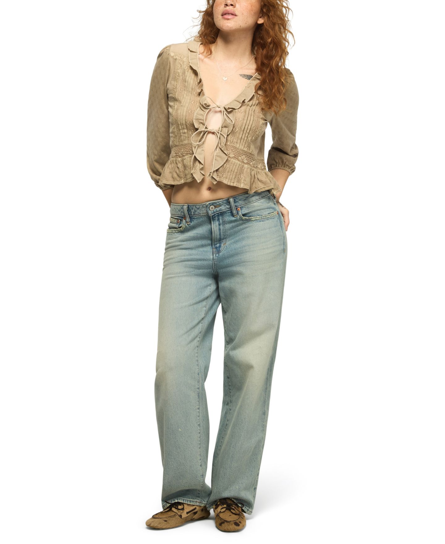 Женская блузка Lucky Brand Long-Sleeve V-Neck Ruffle, цвет: Серо-коричневый — фото 2