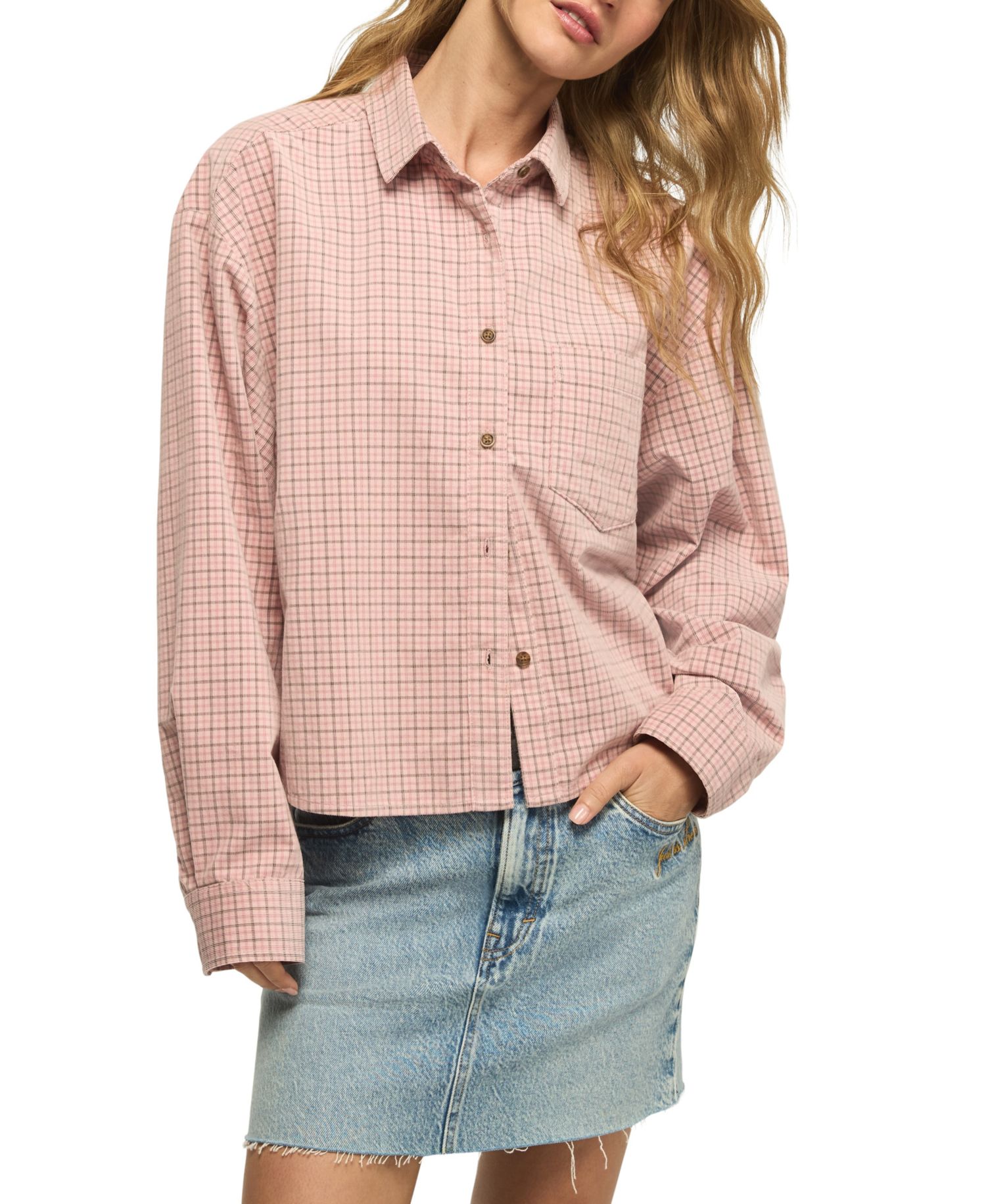 Women's Cropped Plaid Corduroy Button-Up Shirt