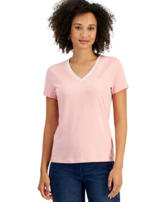 Women's Solid Stripe-Trim V-Neck Top
