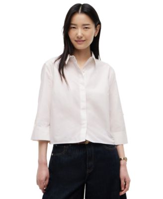 Women's Cropped Collared Roll-Tab Cotton Shirt