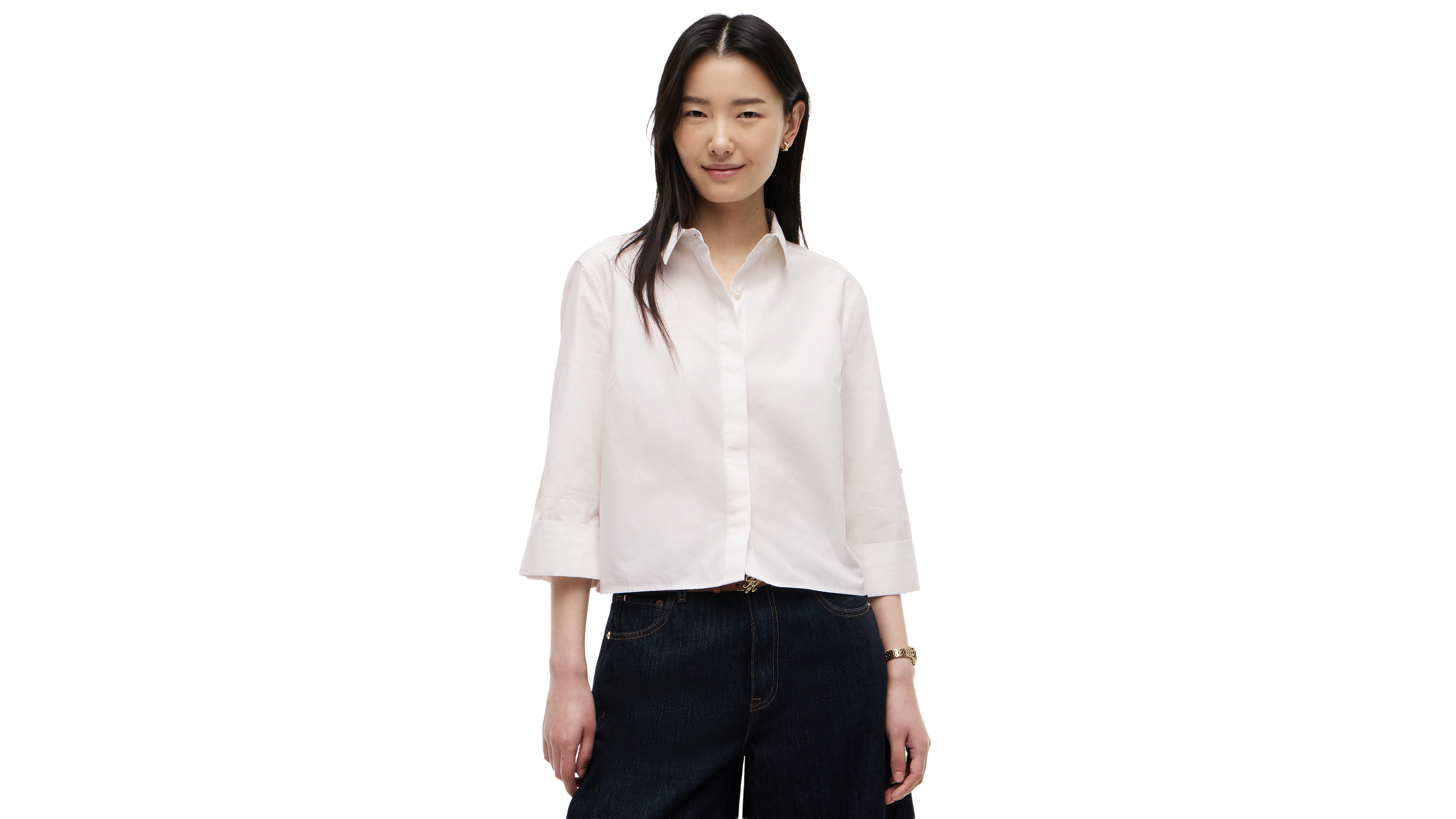 Tommy Hilfiger Women's Cropped Collared Roll-Tab Cotton Shirt