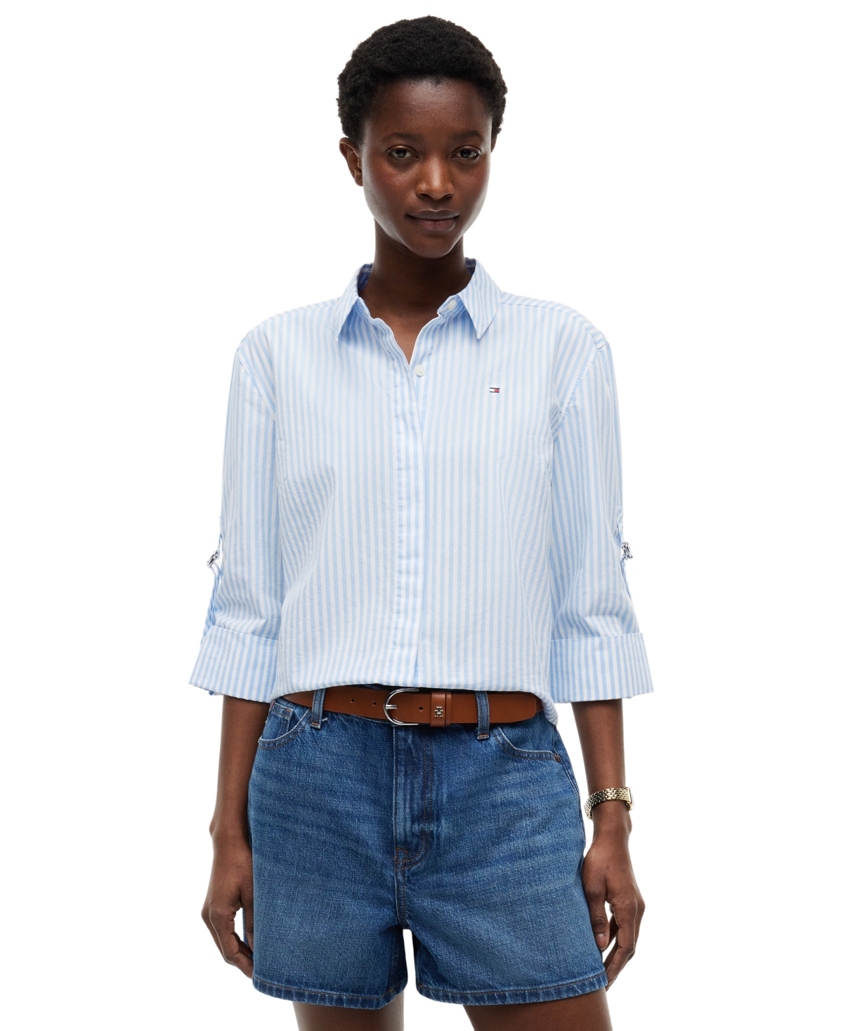 Tommy Hilfiger Women's Cropped Collared Roll-Tab Cotton Shirt