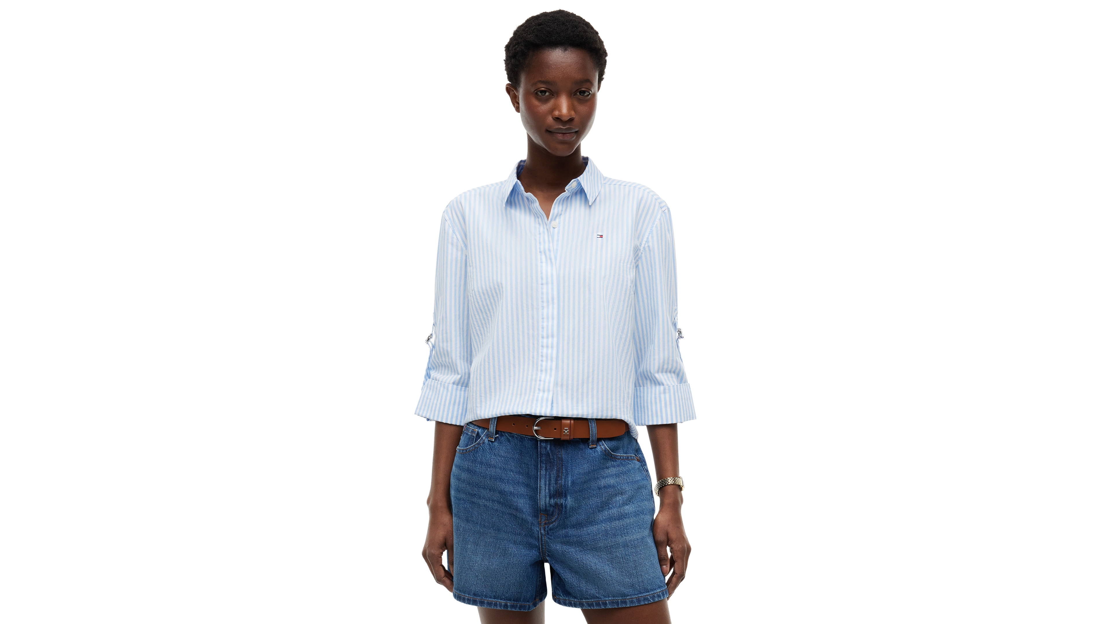 Tommy Hilfiger Women's Cropped Collared Roll-Tab Cotton Shirt