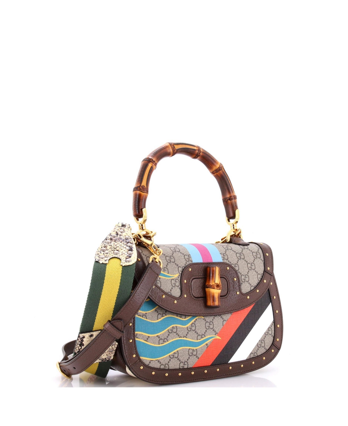 Pre-Owned Gucci Medium Bamboo 1947 Top Handle Bag Printed Gg Coated Canvas and Studded Leather