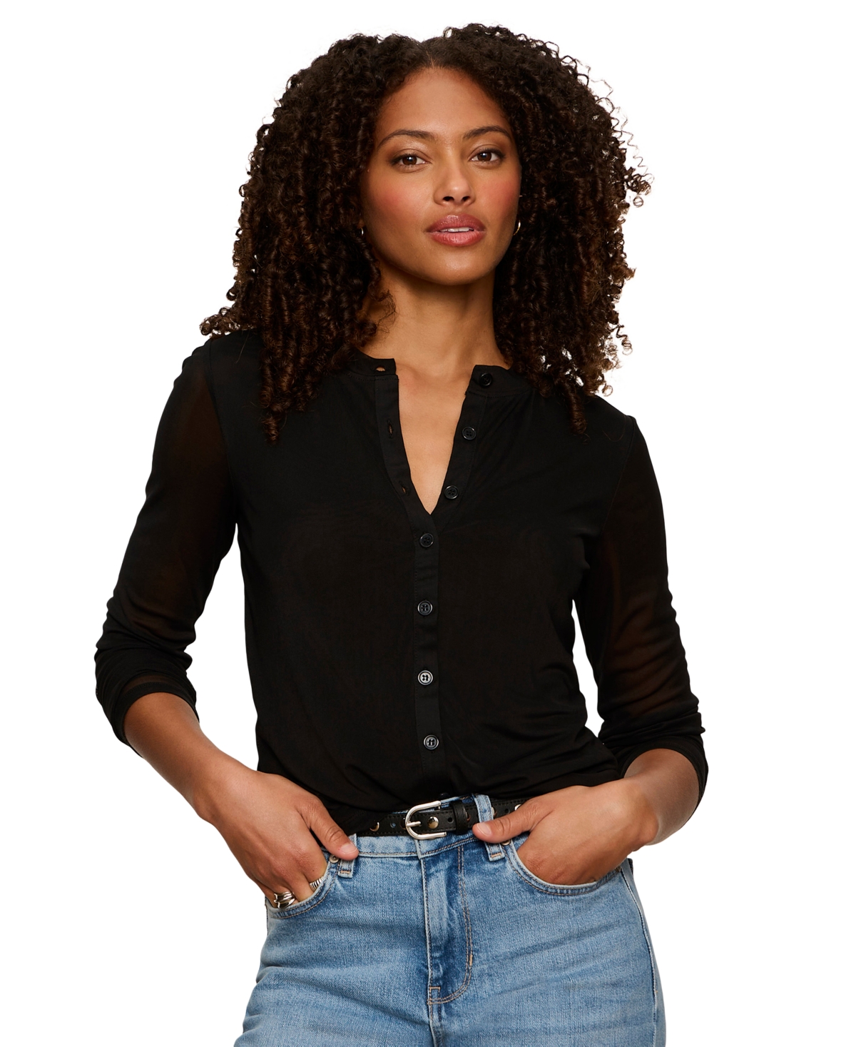 Sanctuary Petite Mesh Long-Sleeve Cardigan Top
