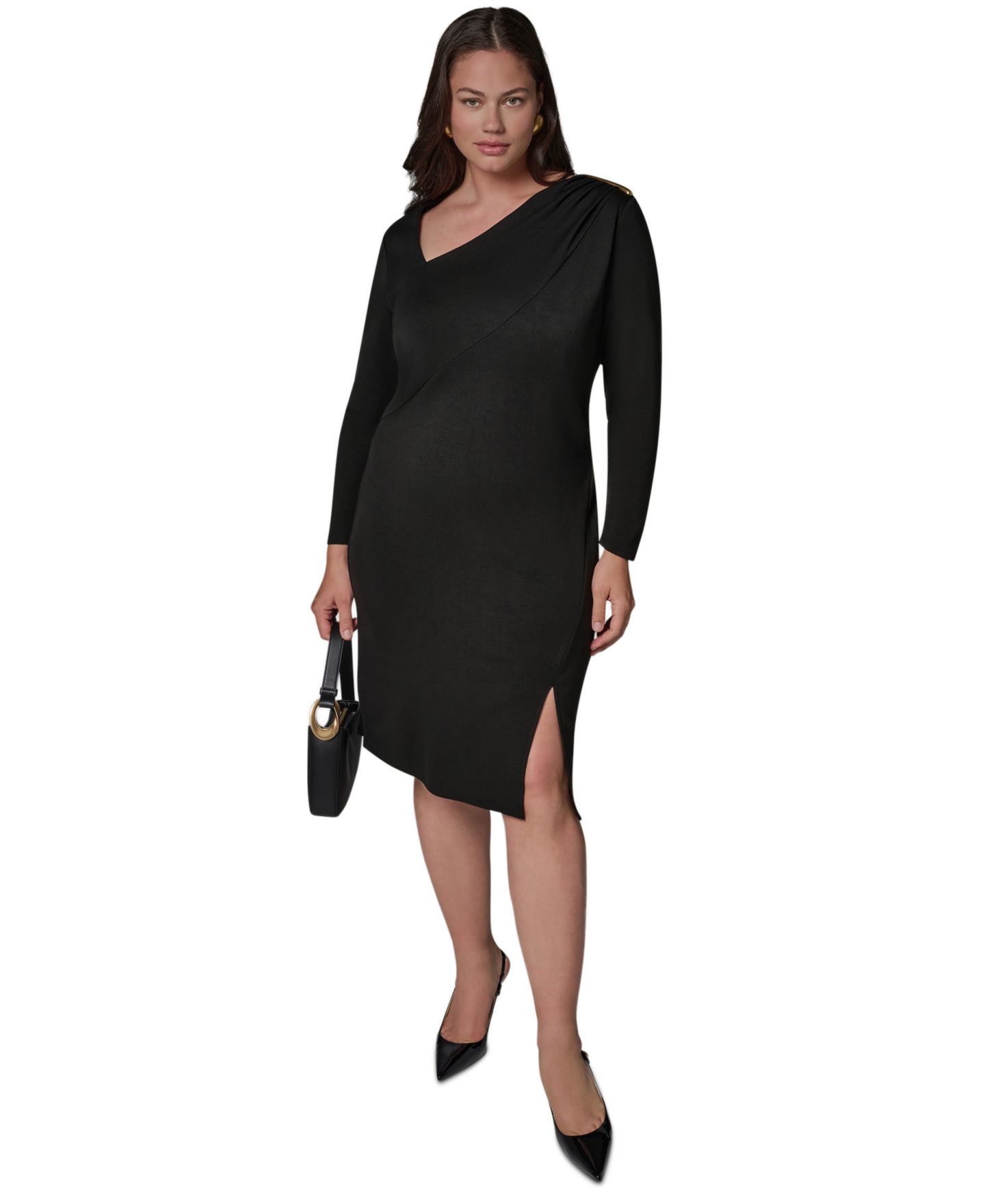 Женское платье Donna Karan New York Plus Long-Sleeve Asymmetrical Neck Sheath, цвет: Чёрный — фото 6