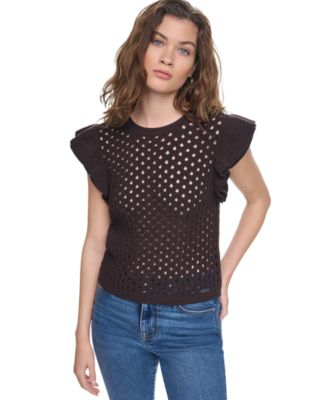 Women's Baby Chenille Pointelle Rib Flutter-Sleeve Sweater