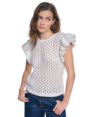 Women's Baby Chenille Pointelle Rib Flutter-Sleeve Sweater