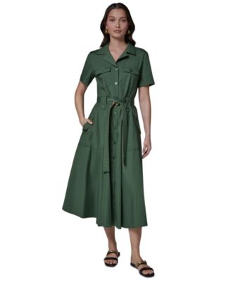 Women's Short-Sleeve Self-Belted Midi Shirt Dress