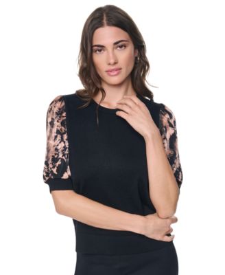 Women's Printed Twist-Sleeve Mix Media Sweater