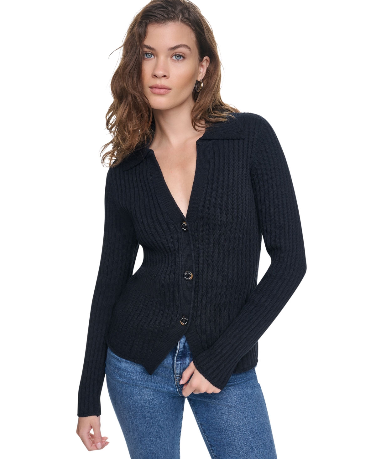 Dkny Jeans Women's Long-Sleeve Polo Cardigan - Black