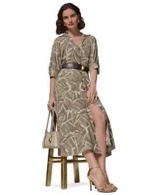 Women's Printed Collared Shirt Dress with Faux Leather Belt
