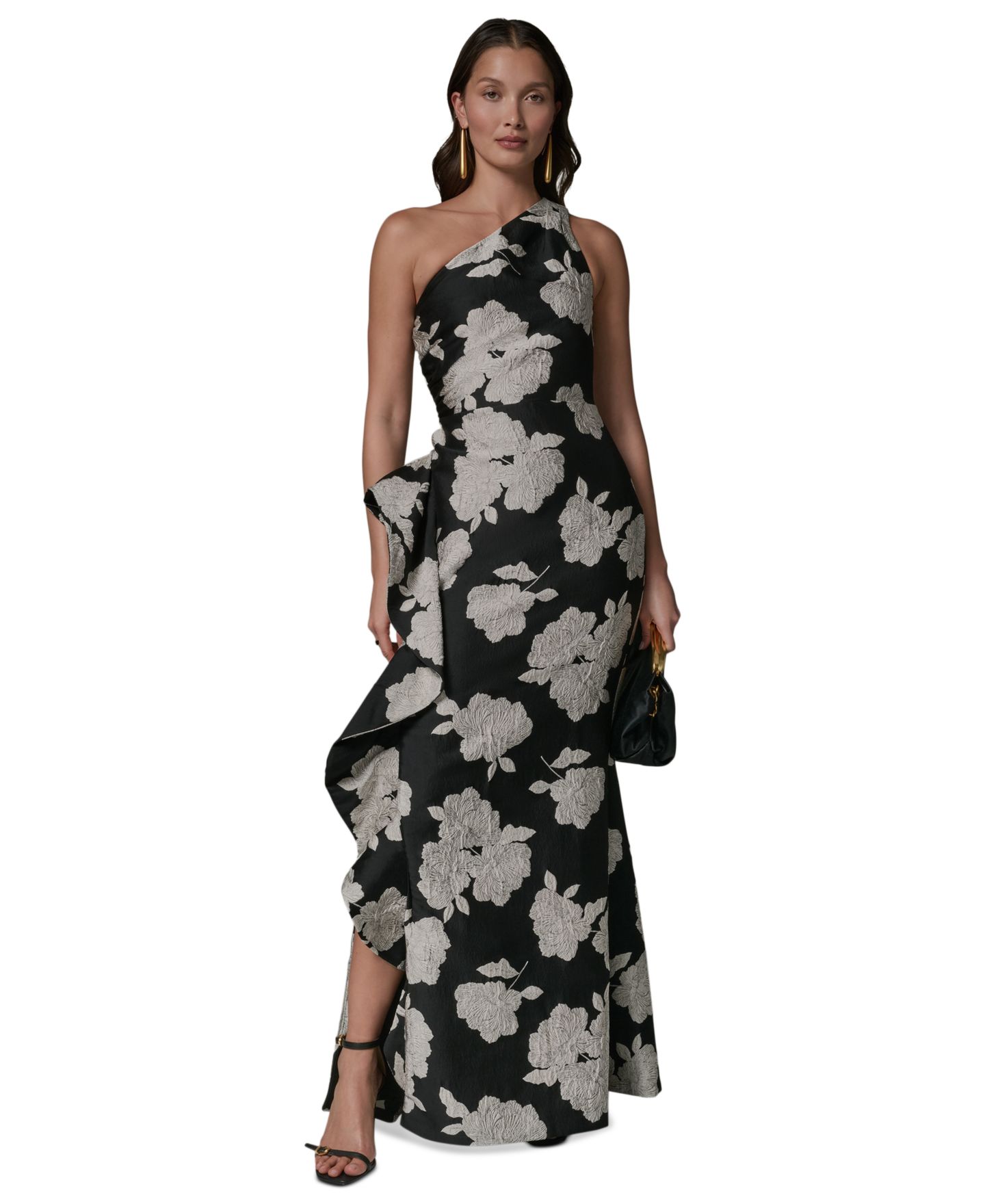 Женские платья Donna Karan New York Floral One-Shoulder Ruffle Evening Gown, цвет: Чёрный кремовый — фото 1