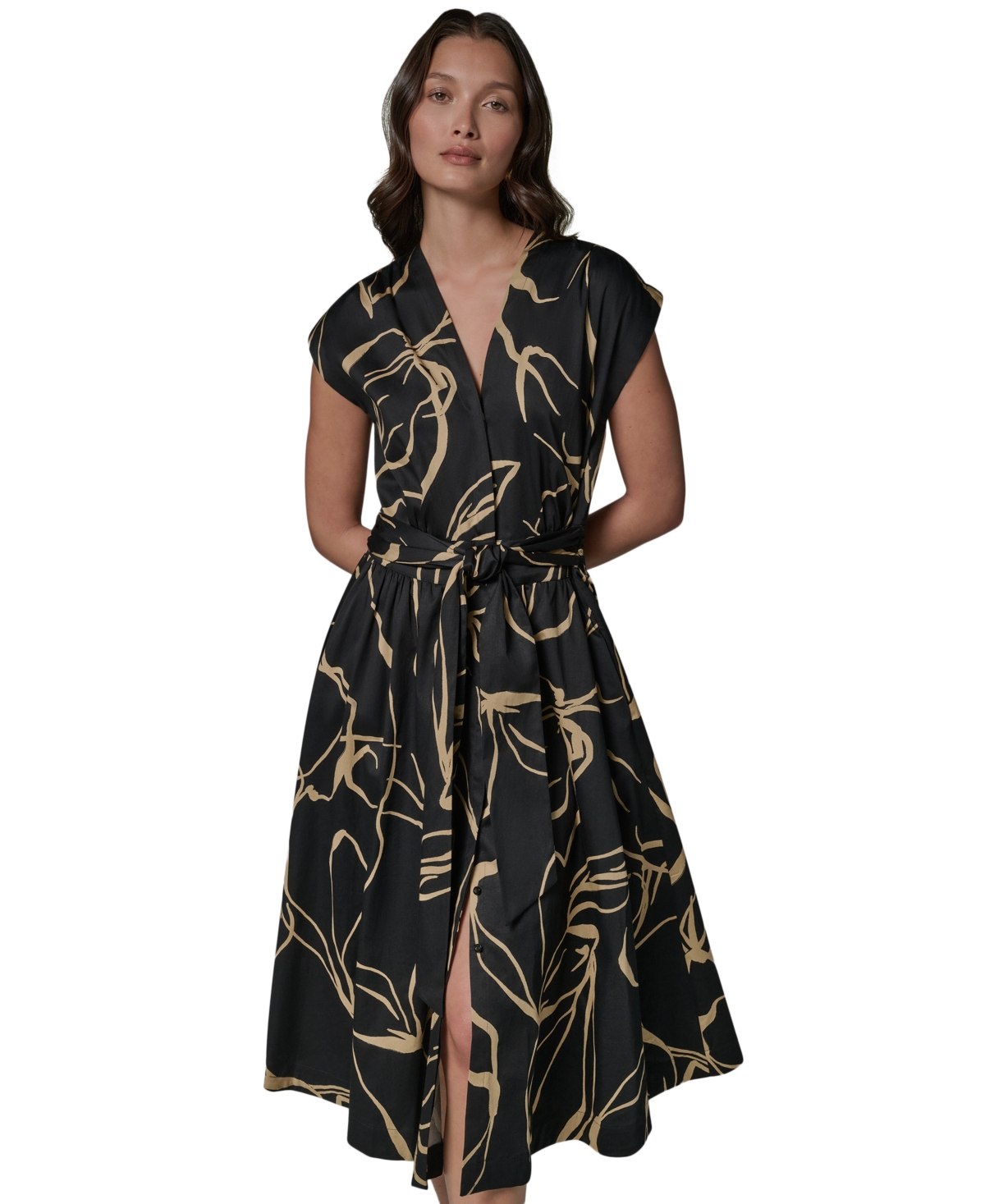 Donna Karan New York Women's Printed Tie Belt V-Neck Midi Dress