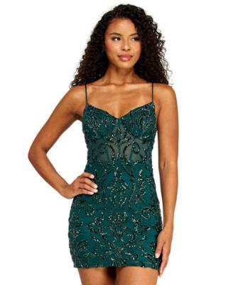 Juniors' Sweetheart Neck Illusion Corseted Pattern Sequin Mini Dress