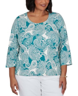 Plus Size Stamped Paisley 3/4-Sleeve Scoop Neck T-Shirt