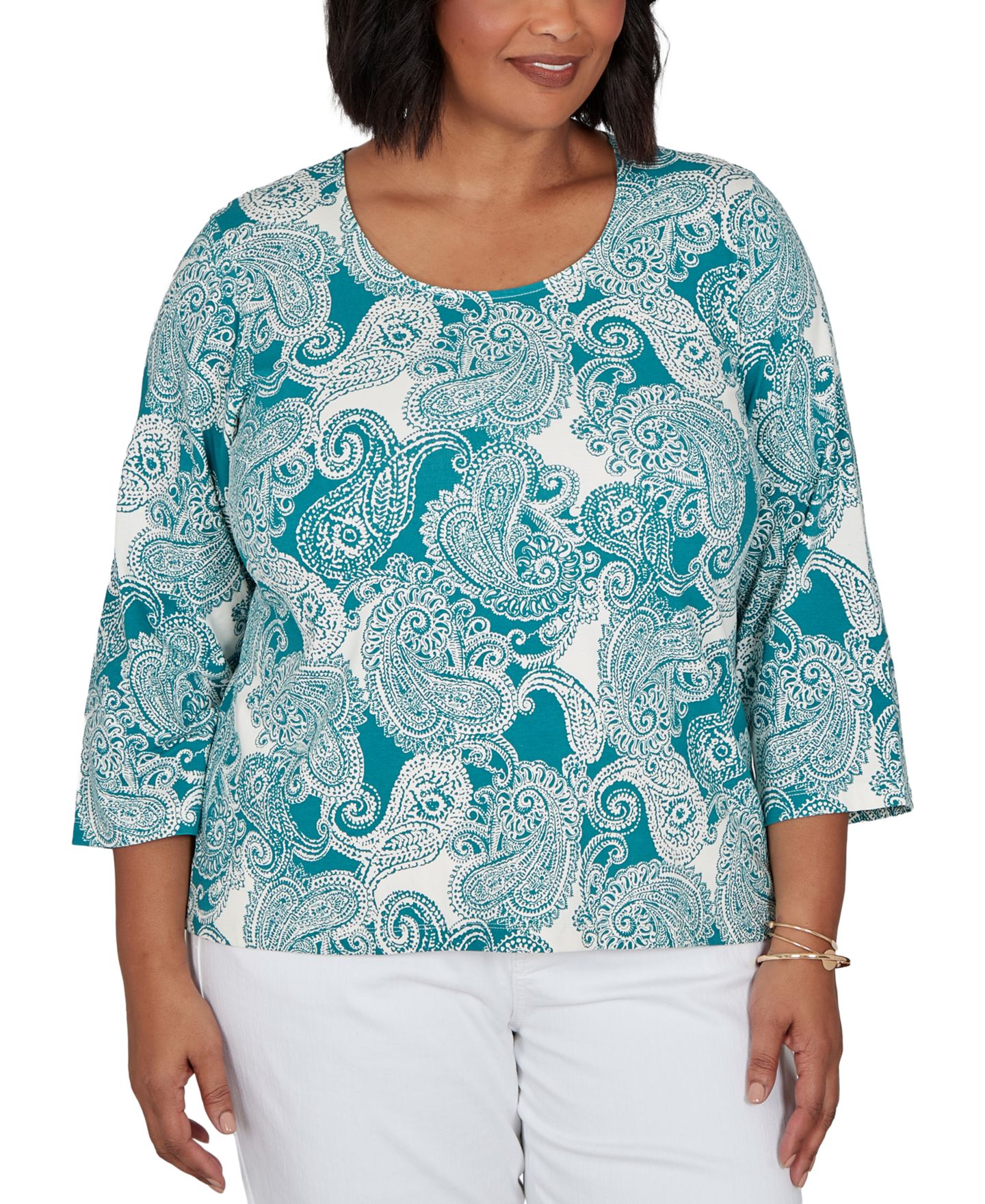 Женская футболка HEARTS OF PALM Plus Size Stamped Paisley 3/4-Sleeve Scoop Neck, цвет: Бирюзовый разноцветный — фото 1